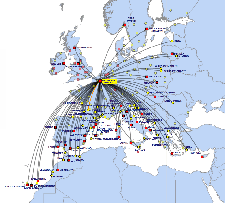 Карта полетов лоукостера Ryanair из&nbsp;аэропорта Шарлеруа до&nbsp;начала пандемии