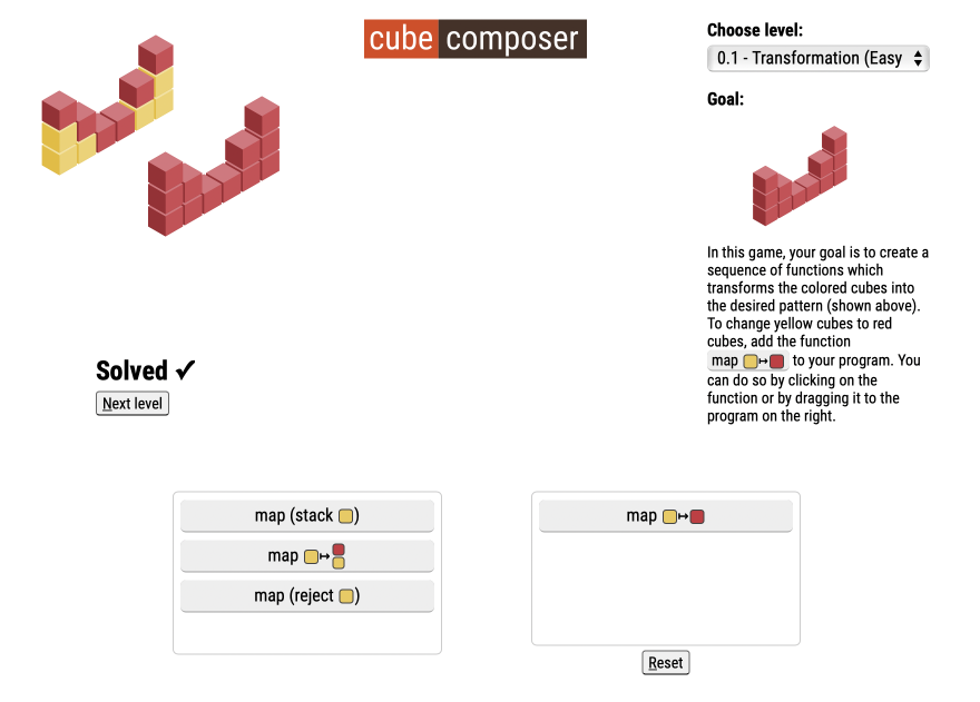 У Cube Composer простой и понятный интерфей  — команды нужно перетягивать в окнах в нижней части экрана