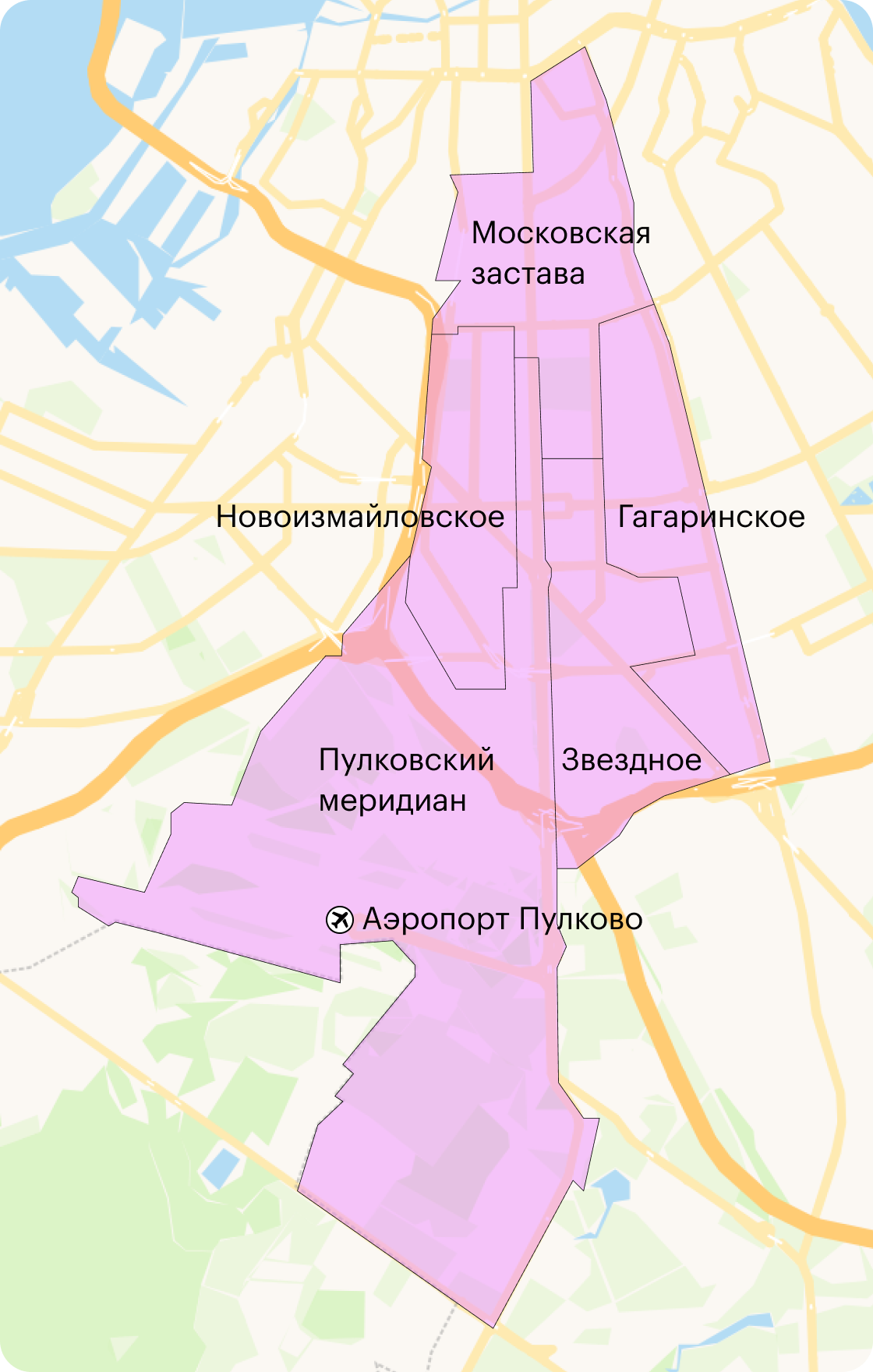 Сейчас район состоит из пяти муниципальных округов: Московская застава, Пулковский меридиан, Звездное, Гагаринское и Новоизмайловское. Самый необычный из них — Пулковский меридиан. На его территории не только городская застройка, но и аэропорт Пулково, обсерватория, авиагородок и несколько садоводств рядом