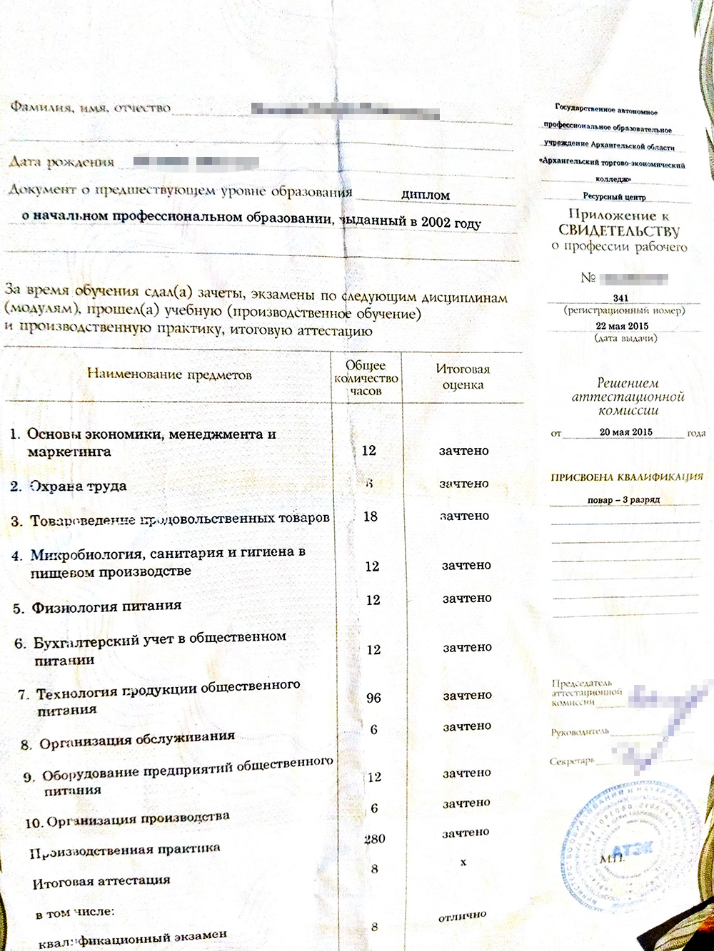 Такие предметы были у меня на поварских курсах