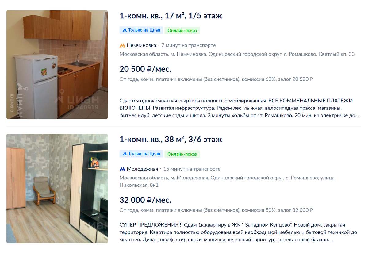 За 20 000 <span class=ruble>Р</span> в Ромашкове можно снять только студию со стареньким ремонтом. Источник: cian.ru