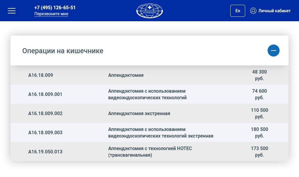 Прейскурант на аппендэктомию на сайте клиники АО&nbsp;«Медицина». Операции за 265 700 <span class=ruble>Р</span> здесь нет. Источник: medicina.ru