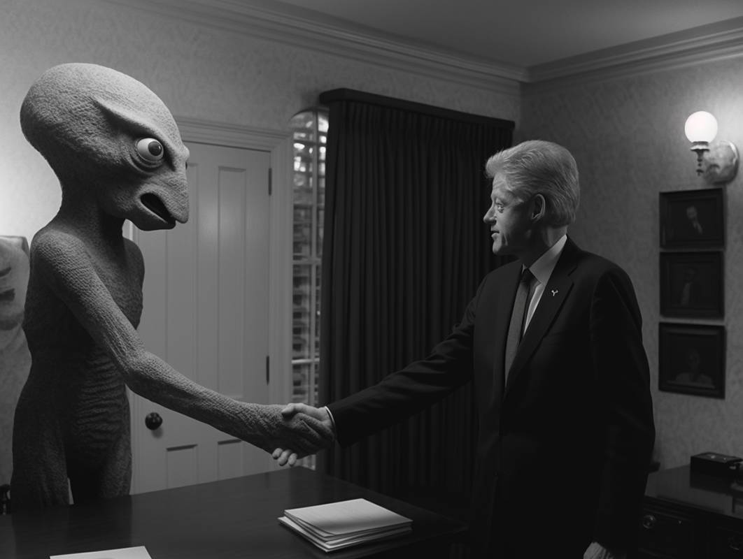 Bill Clinton shaking hands with an alien in oval office cabinet, side lightning, hyperrealism, shot on Tri-X 400, 4k --ar 4:3 --seed 3692398272