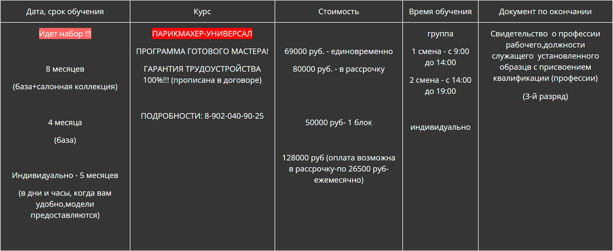 В 2023&nbsp;году цены на парикмахерские курсы в Саратове разнятся. Например, это прайс Школы-студии Олега Федорова: на парикмахера-универсала можно обучиться за 50 000—69 000 <span class=ruble>Р</span>. Источник: elita-hair.ru