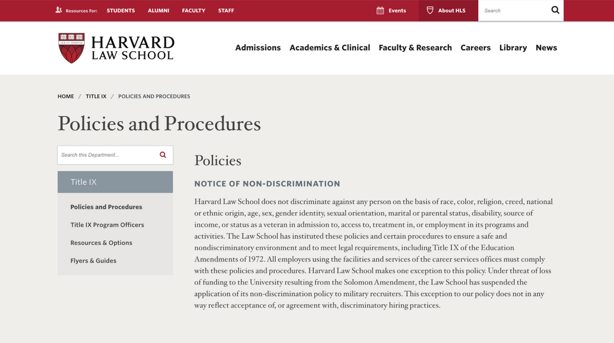 Политика недискриминации Гарвардской юридической школы. Источник: сайт Гарварда