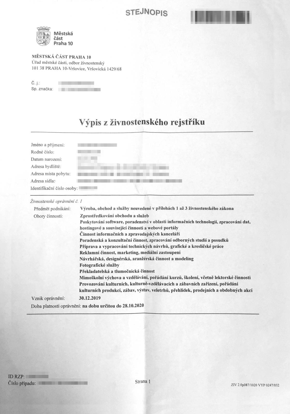 Выписка из реестра предпринимателей. Кроме личных данных там указаны мои виды деятельности и дата, до которой действует лицензия на предпринимательство