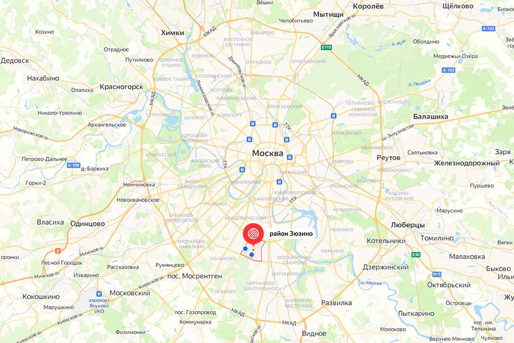 Район Зюзино расположен на юге Москвы. Источник: «Яндекс-карты»