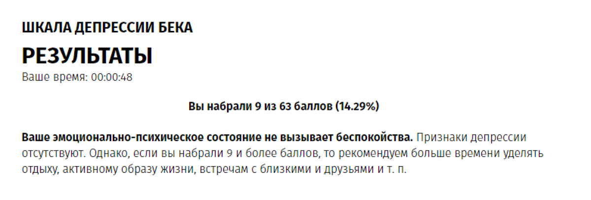 Мои актуальные результаты теста на уровень депрессии по шкале Бека. Тест показал: депрессия ушла, с моим настроением наконец-то все в порядке