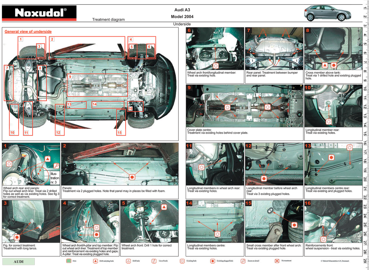 Карта технических отверстий Ауди А3 2004 модельного года. Без такой есть риск упустить отверстие, которое важно обработать антикоррозийным составом