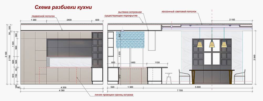 На схеме разбивки кухни я указала все детали