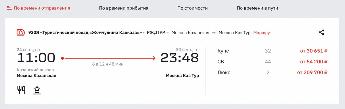 Столько стоят отдельные билеты на туристический поезд в 2022&nbsp;году. Источник:&nbsp;rzd.ru