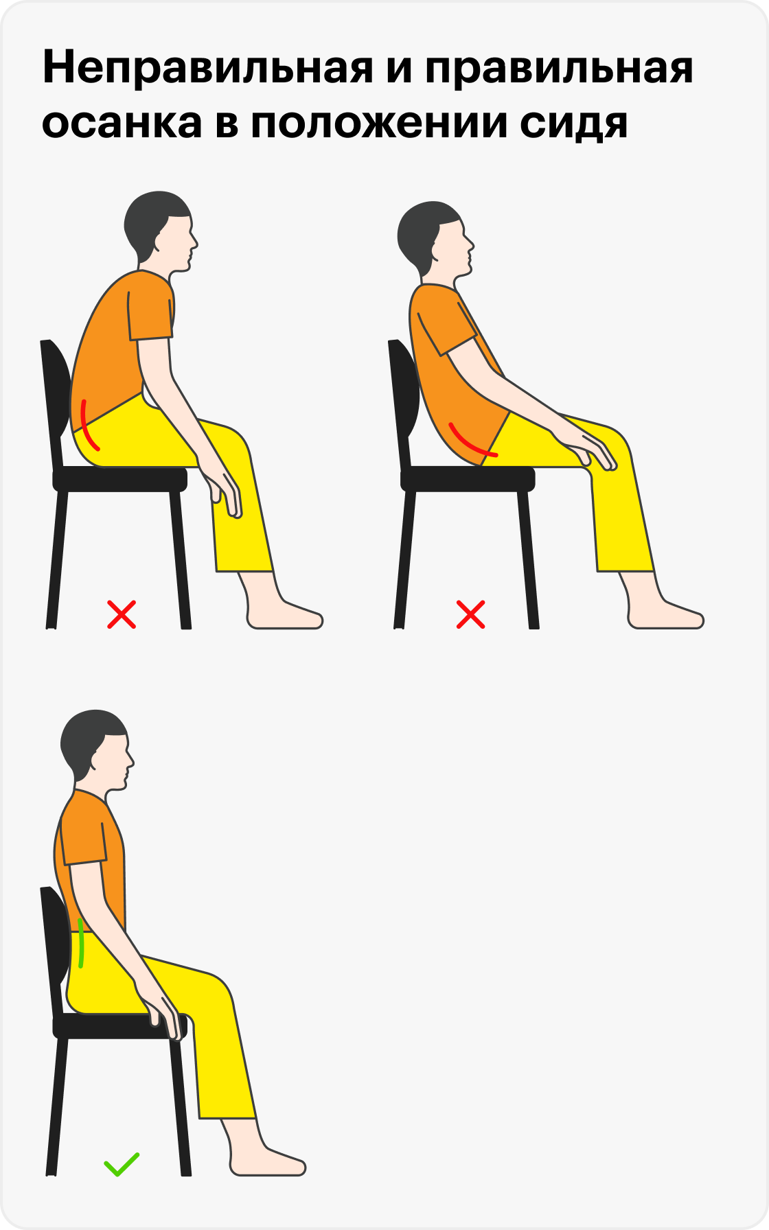 Положение с прямой спиной считается оптимальным для&nbsp;правильного распределения нагрузки на позвонки, но пока нет исследований, подтверждающих связь неправильной осанки с болями в спине