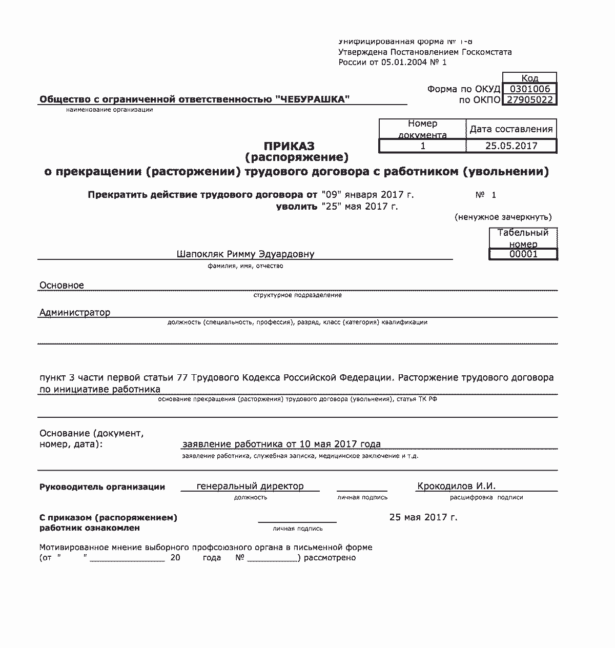 П 2 ч 1 ст 77 тк рф истечение срока трудового договора приказ образец