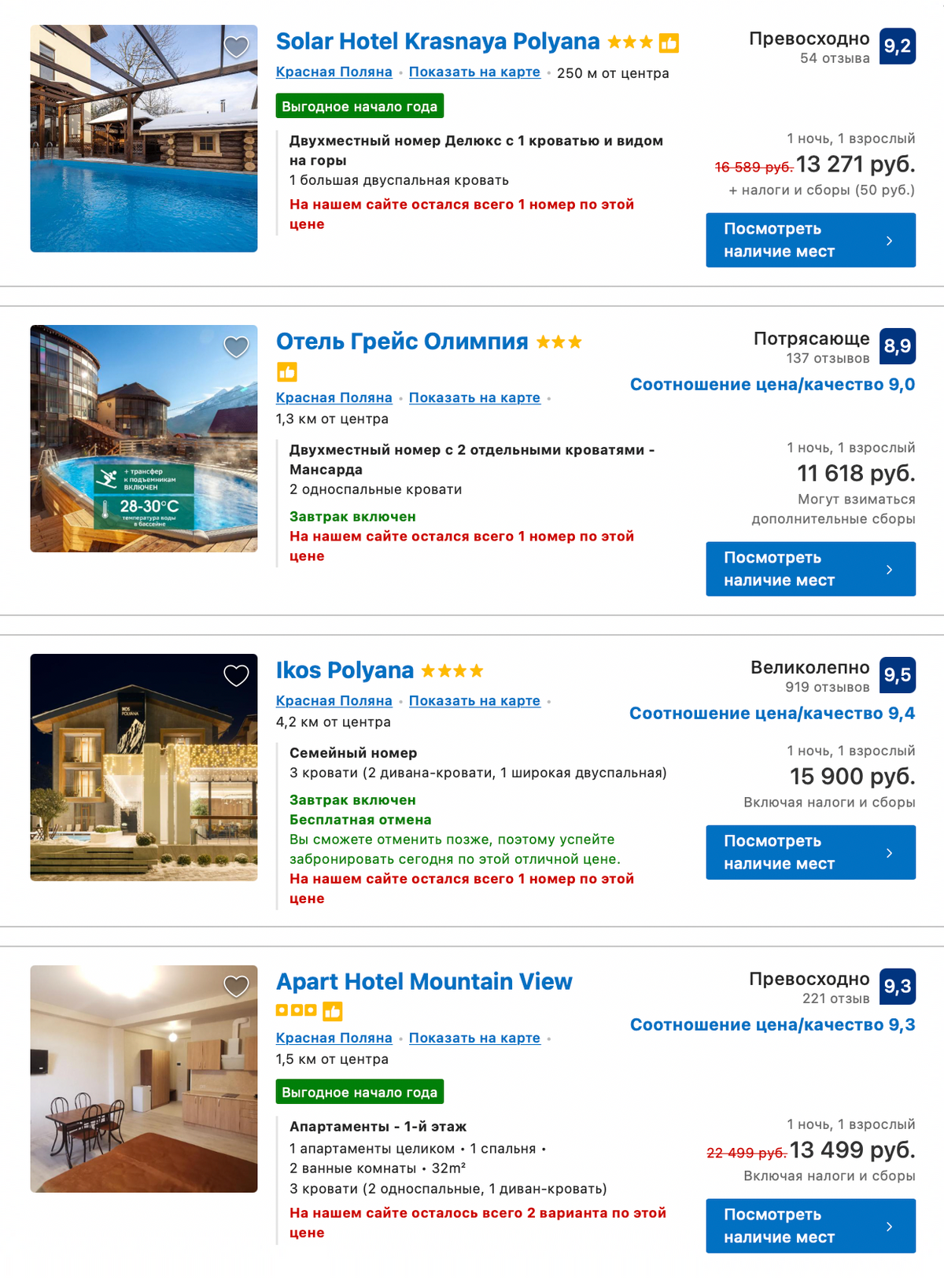 Цены на аренду отелей в Красной Поляне в феврале 2022&nbsp;года
