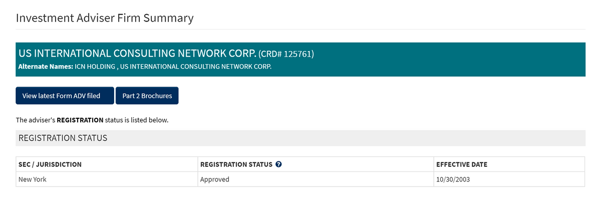 Из всех компаний с сайта ICN я нашел регистрацию только для US International Consulting Network&nbsp;Corp. — в базе данных публичных инвестиционных советников США