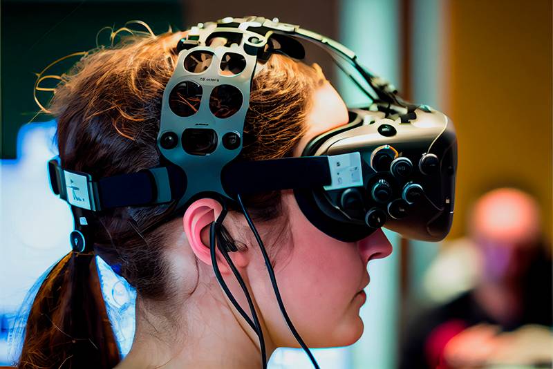 Девушка использует неинвазивный НКИ вместе с VR-шлемом для&nbsp;управления станком на работе