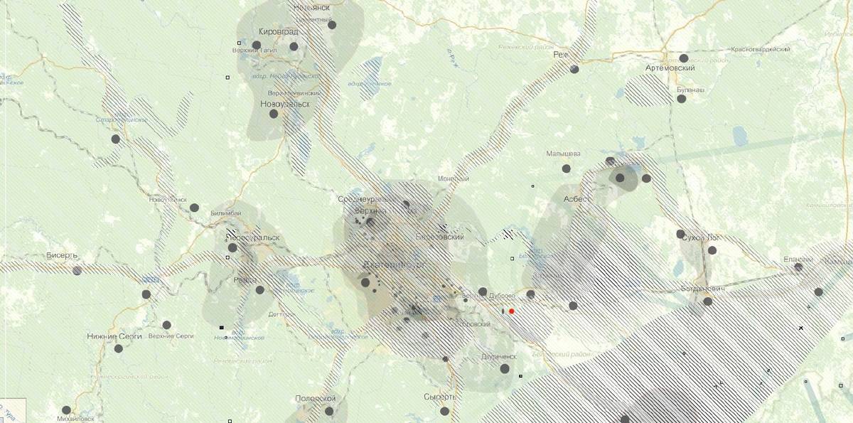 Карта загрязнений вокруг Екатеринбурга и окрестностей. Красная точка — мой участок. Пятно загрязнений рядом — это сельхозугодья, но там ничего не сажают уже 10 лет. Источник: metrtv.ru