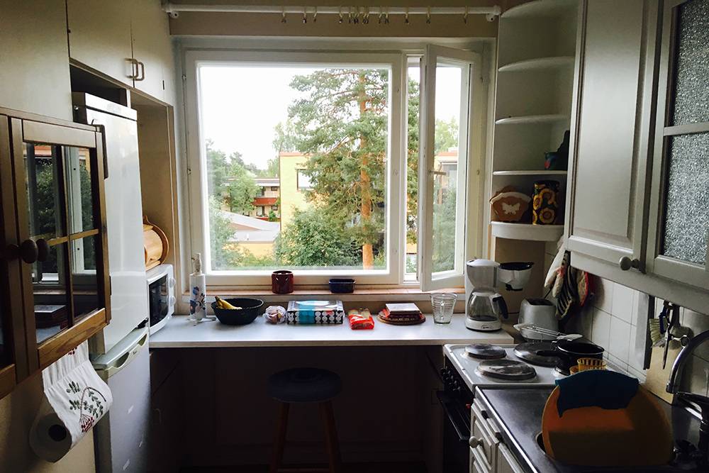 Маленькая кухня с видом на сосны. Когда финны строят дома, они всегда оставляют рядом много деревьев