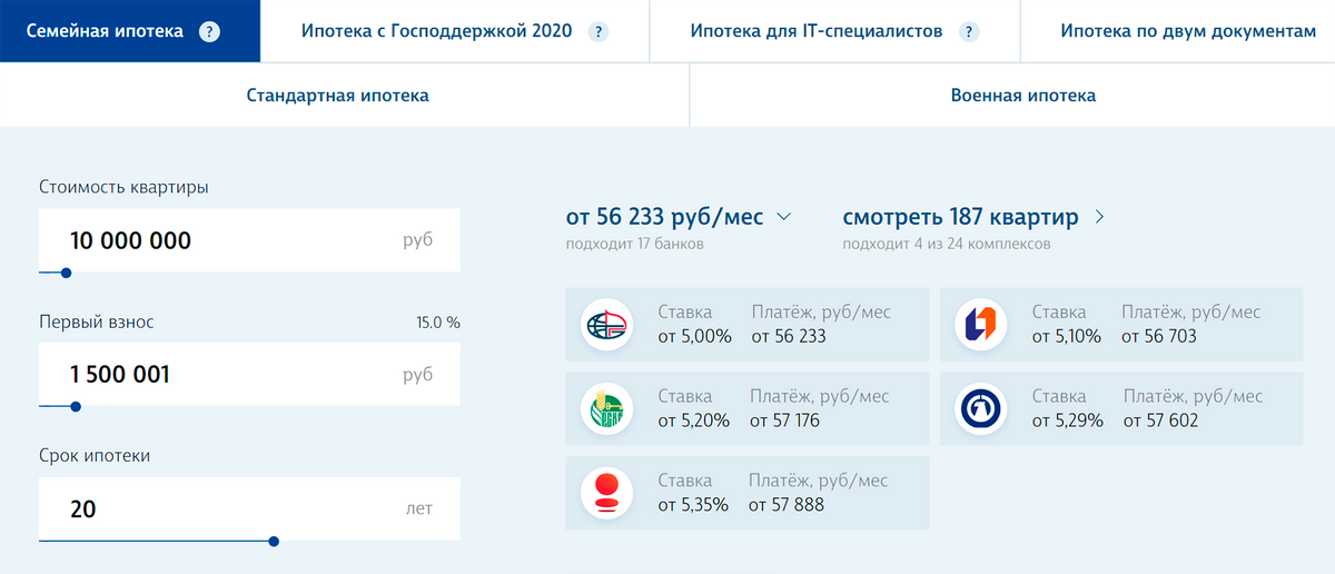«Промсвязьбанк» предлагает ставки от 4,35% по ИТ-ипотеке и 5,1% по семейной. По стандартной ипотечной программе, без&nbsp;финансирования государством, ставка от 7,59% в «Уралсибе». Программ с околонулевыми ставками на сайте застройщика уже нет. Источник: lsr.ru