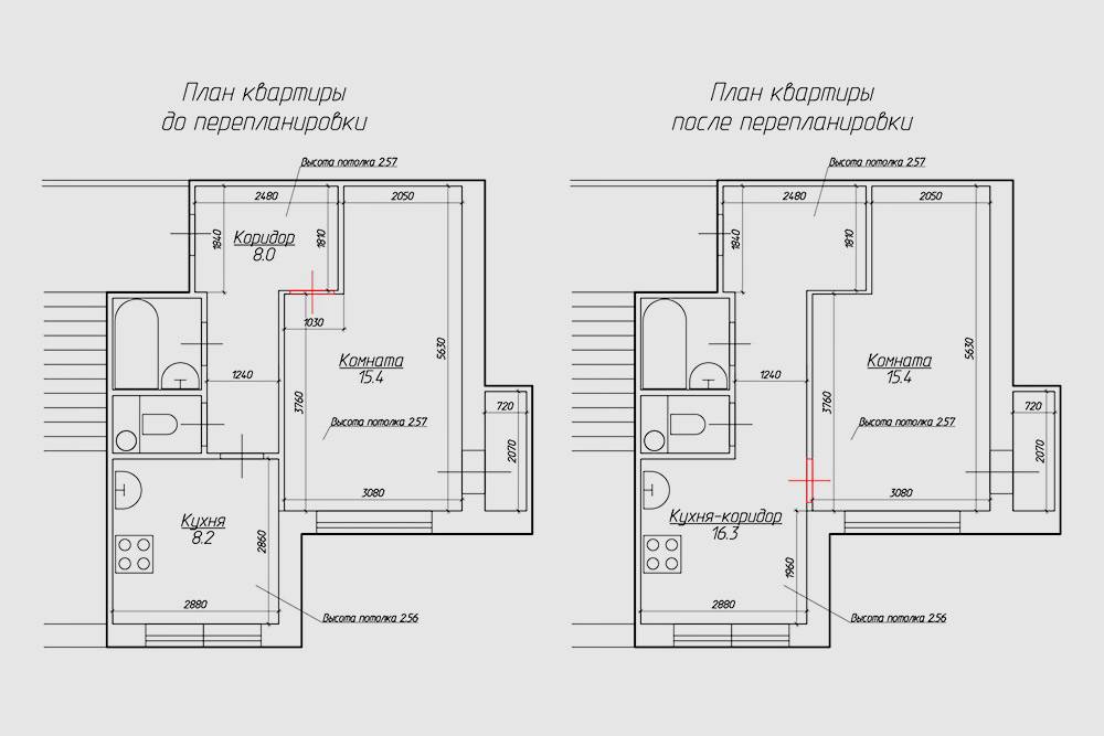 План квартиры до и после перепланировки: убрали перегородку с дверным проемом между кухней и коридором, зашили существующий вход в комнату и устроили новый дверной проем между кухней и комнатой