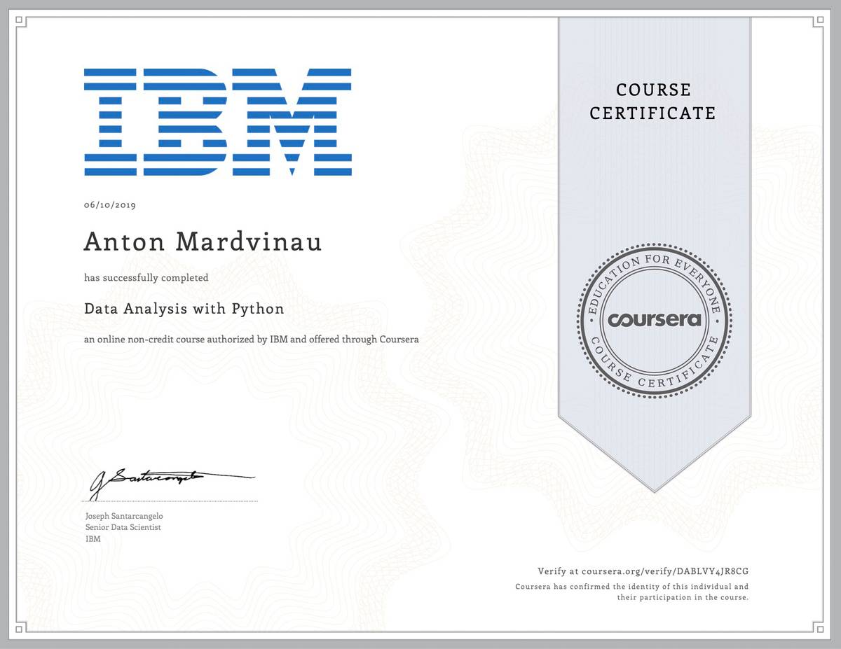 Сертификат курса IBM, который я прошел на «Курсере»