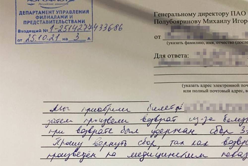 Фрагмент заявления о возмещении сбора за возвратный билет. Его нам сказали написать в свободной форме, главное — описать ситуацию и запросить возврат