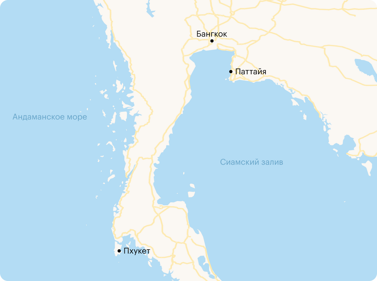 Карта Таиланда с основными местами, где любят селиться иностранцы: Бангкок, Пхукет и Паттайя