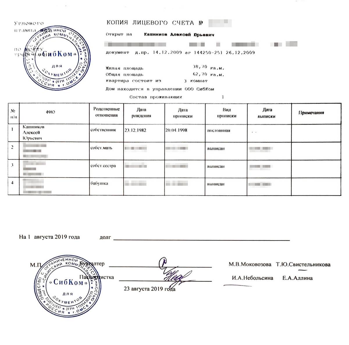 Образец финансового лицевого счета с места жительства образец