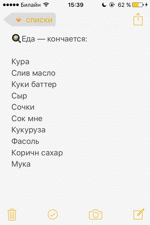 Просто список продуктов, которые заканчиваются. Раньше тоже писала с числом упаковок, сейчас знаю количество и пишу на автомате