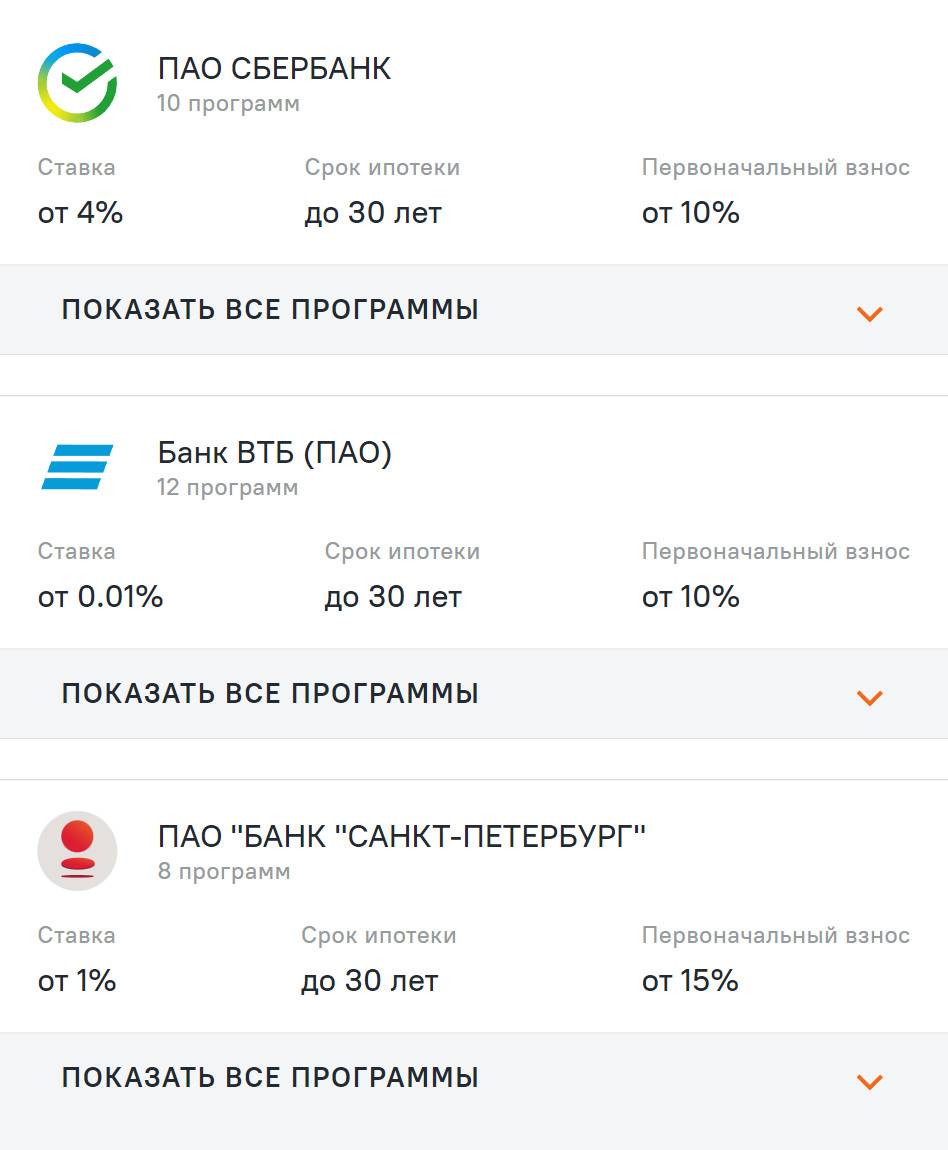 Пример субсидированных ипотек: застройщик «КВС» предлагает минимальную ставку 0,01% в партнерстве с банком ВТБ, ставку 1% с банком «Санкт-Петербург», а с крупнейшим кредитором — Сбером — ставку от 4% соответственно. Источник: kvsspb.ru