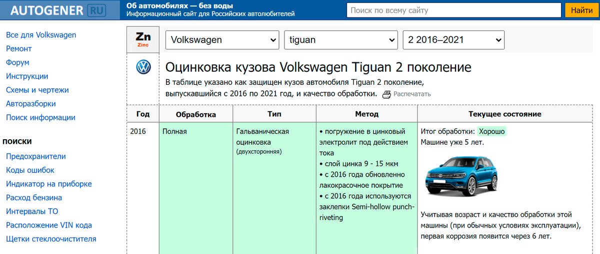 Фольксваген Тигуан 2016—2021 года полностью обработан двусторонней гальванической оцинковкой. Кузов полностью погружают в цинковый электролит, который находится под действием тока. Слой цинка — 9—15 мкм. Итоговая обработка — хорошая, первая коррозия появится примерно через 6 лет