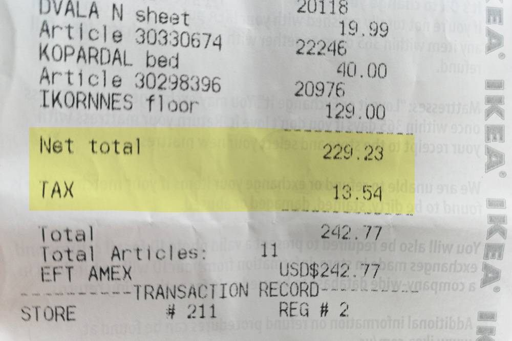 На покупку в «Икее» на 229,23&nbsp;$&nbsp;(16 046 <span class=ruble>Р</span>) нам начислили налог в 13,54&nbsp;$&nbsp;(947,8 <span class=ruble>Р</span>)