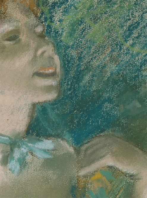 «Певица в зеленом» Дега нарисована пастелью. Просвечивающая бумага как&nbsp;бы передает фактуру кожи и ткани. Источник:&nbsp;artsandculture.google.com