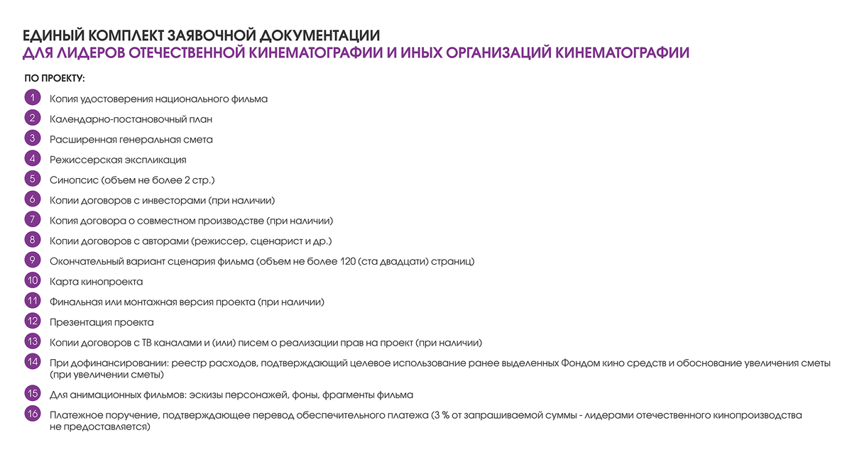 Отдельные документы нужно предоставить по самому проекту. Источник: fond-kino.ru