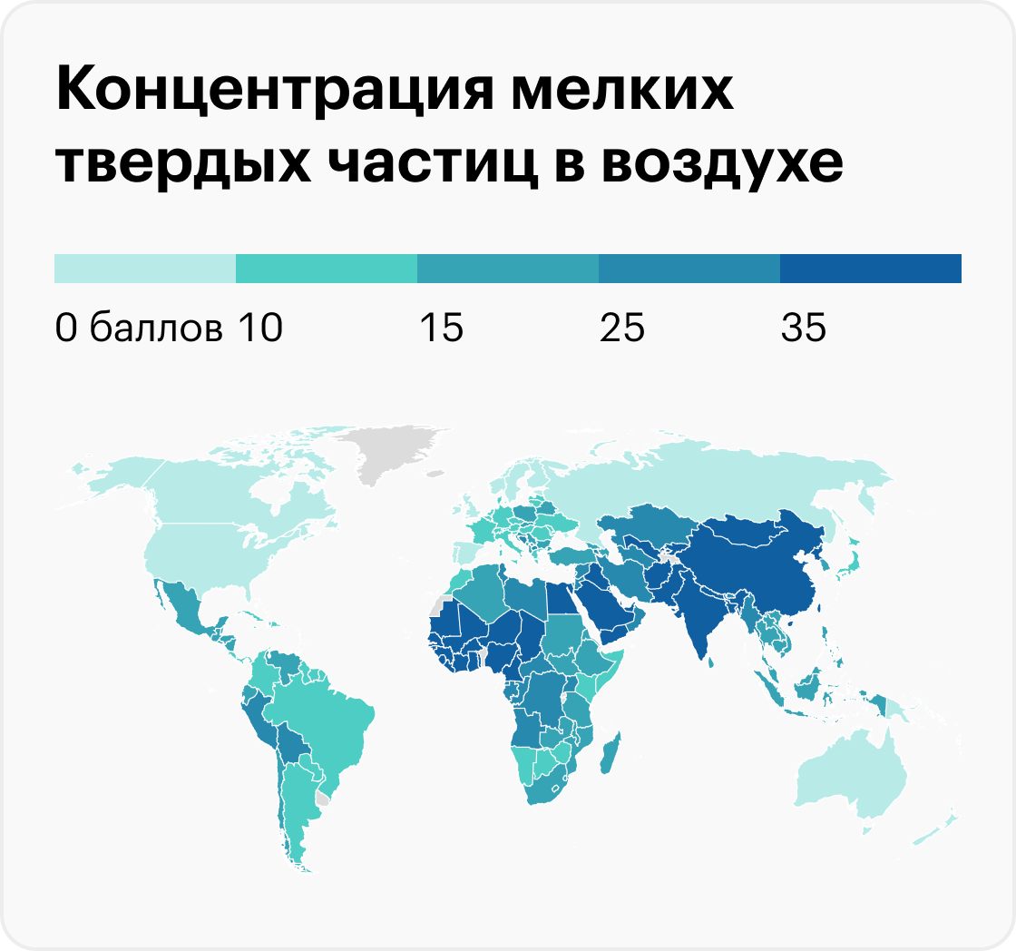 По данным ВОЗ, концентрация мелких твердых частиц в российском воздухе в 2019&nbsp;году не превышала 10 баллов. Источник: who.int