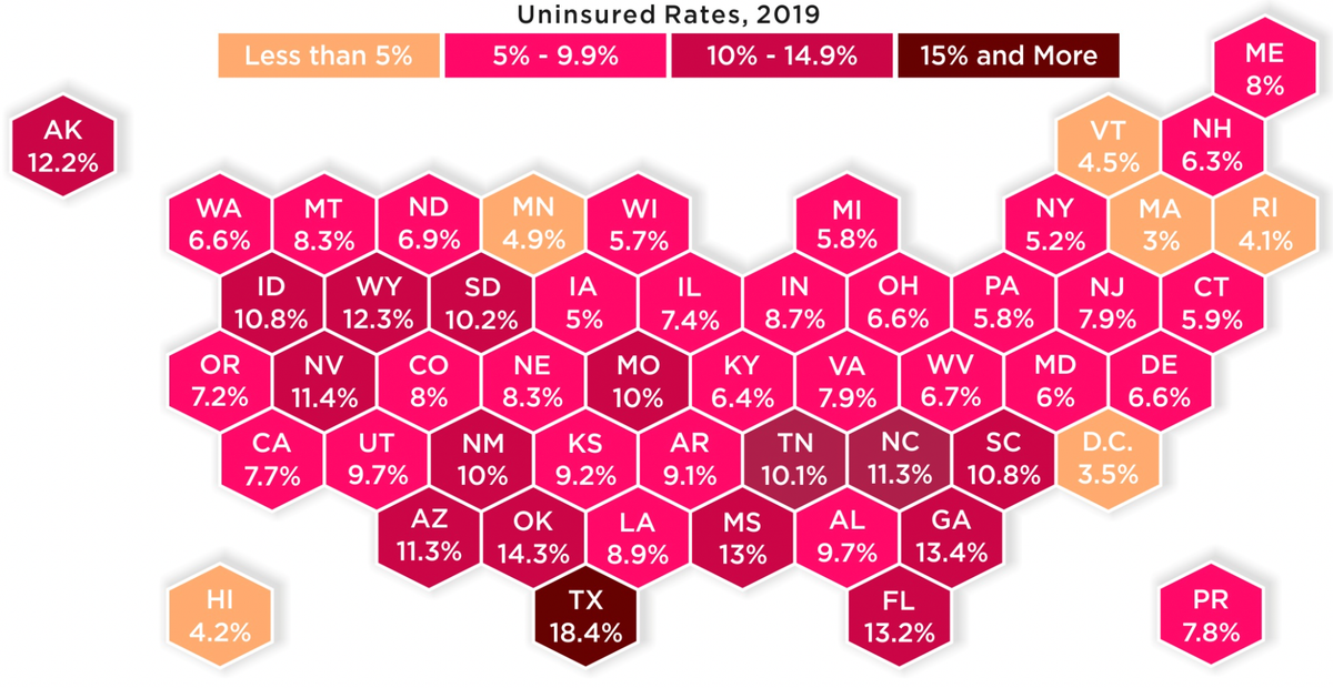 Процент населения без&nbsp;страховки в разных штатах США. Источник: HowMuch