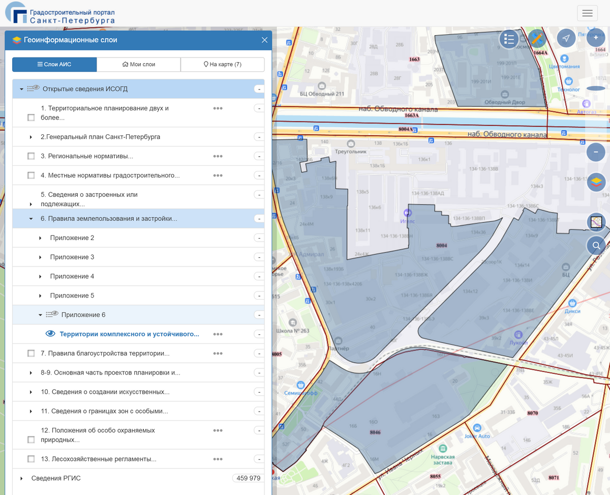 Карта на градостроительном портале Санкт-Петербурга. Чтобы на карте отобразилось КРТ, необходимо открыть раздел «Слои», найти там ПЗЗ и выбрать «Приложение&nbsp;6»