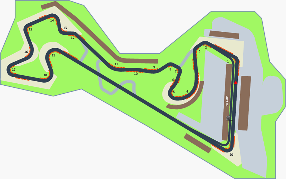 Схема Moscow Raceway, на которой видны все 20&nbsp;поворотов трассы и много трибун. Источник:&nbsp;raceportal.ru