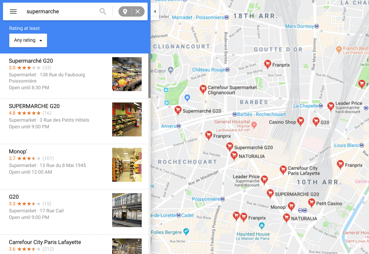 Супермаркеты удобно искать в «Гугл-картах». Для этого нужно выбрать функцию «Рядом» и набрать supermarché или supermarket в окне поиска
