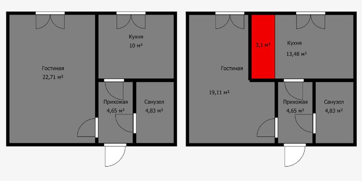 Перенос стены между кухней и комнатой в сторону комнаты