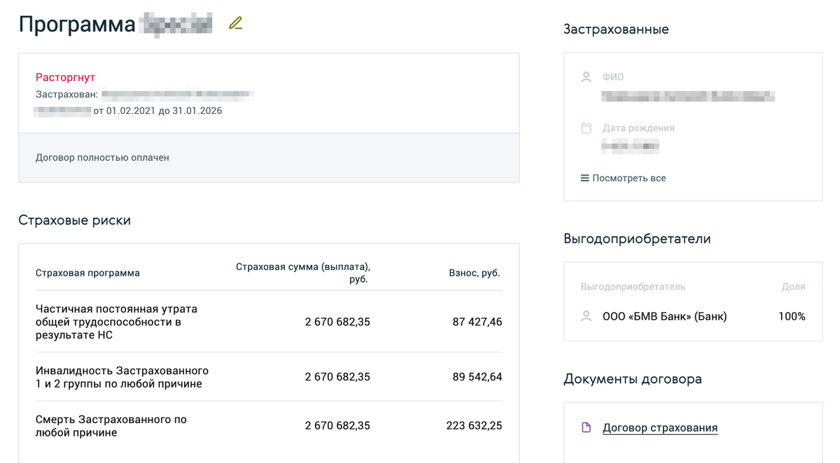 Скриншот из личного кабинета на сайте страховой. Выгодоприобретатель — ООО «БМВ банк», договор расторгнут