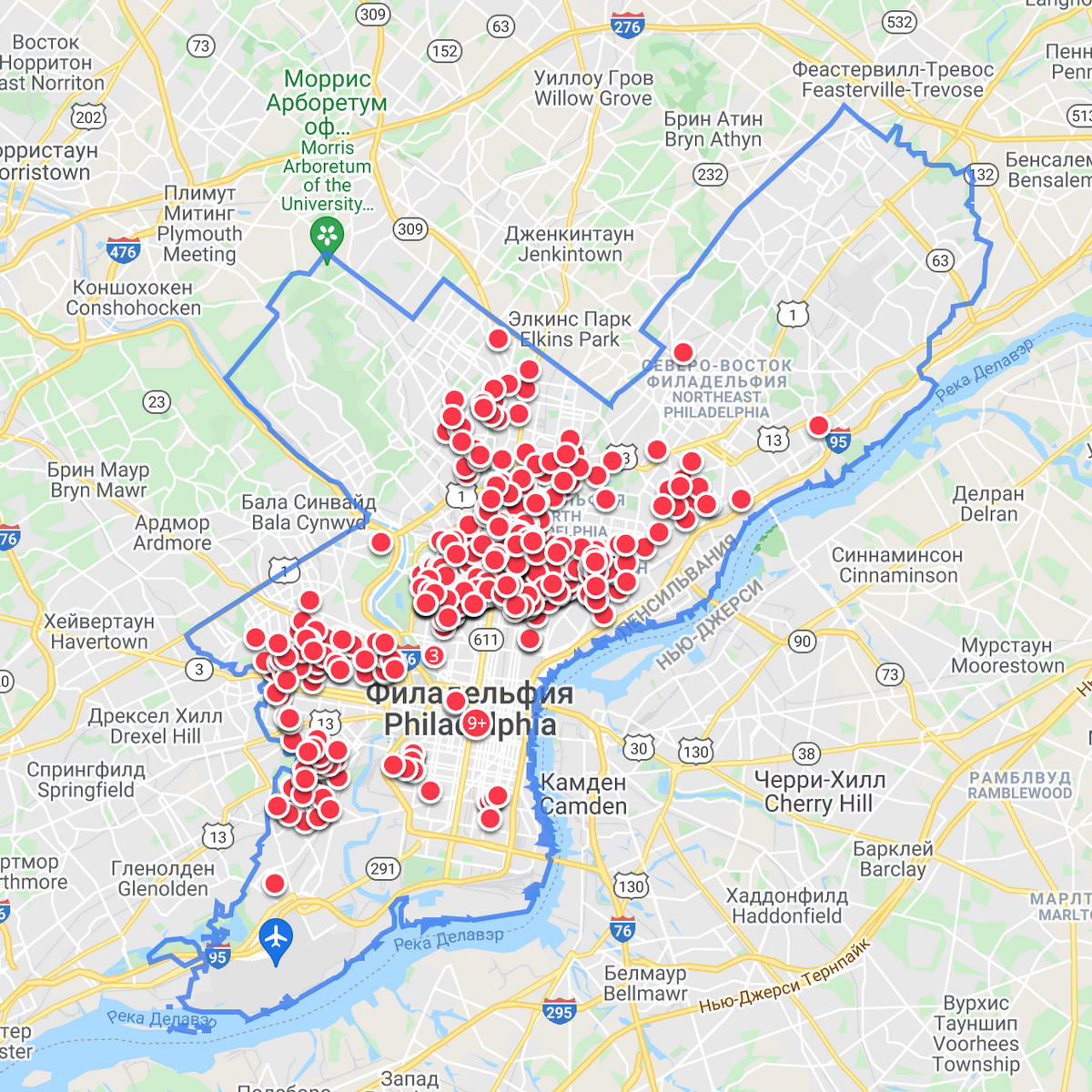 Карта с предложениями жилья в Филадельфии — больше тысячи вариантов. Источник:&nbsp;zillow.com