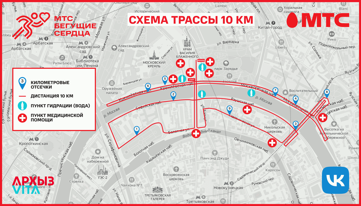 Так выглядела схема трассы на 10 км — бежали по центральным и самым красивым улицам Москвы. Источник: runninghearts.ru