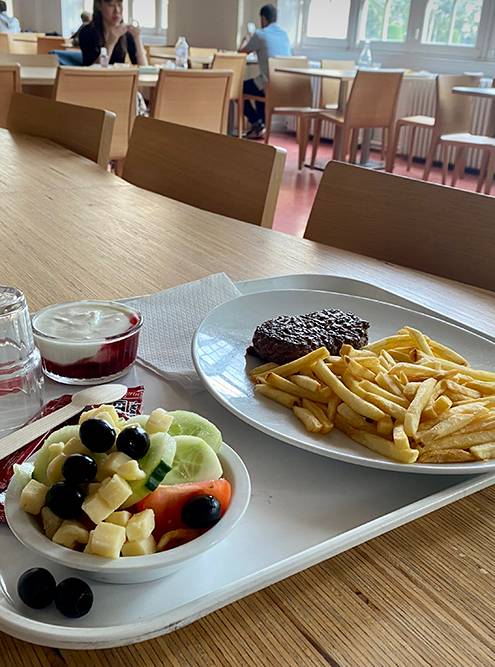 Ужин в студенческой столовой в городке за 3,3 €: стейк с картофелем фри, салат, десерт с ягодами