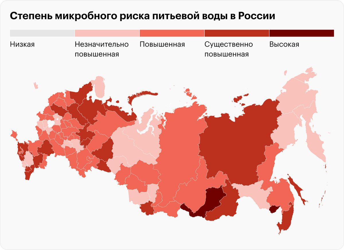 Эта карта микробного риска питьевой воды в России убедила меня в том, что не стоит пить воду из-под крана. Чем темнее регион, тем выше риск подхватить какую-то инфекцию, например дизентерию или бруцеллез. Источник: доклад о санитарно-эпидемиологическом благополучии в РФ за 2021 год
