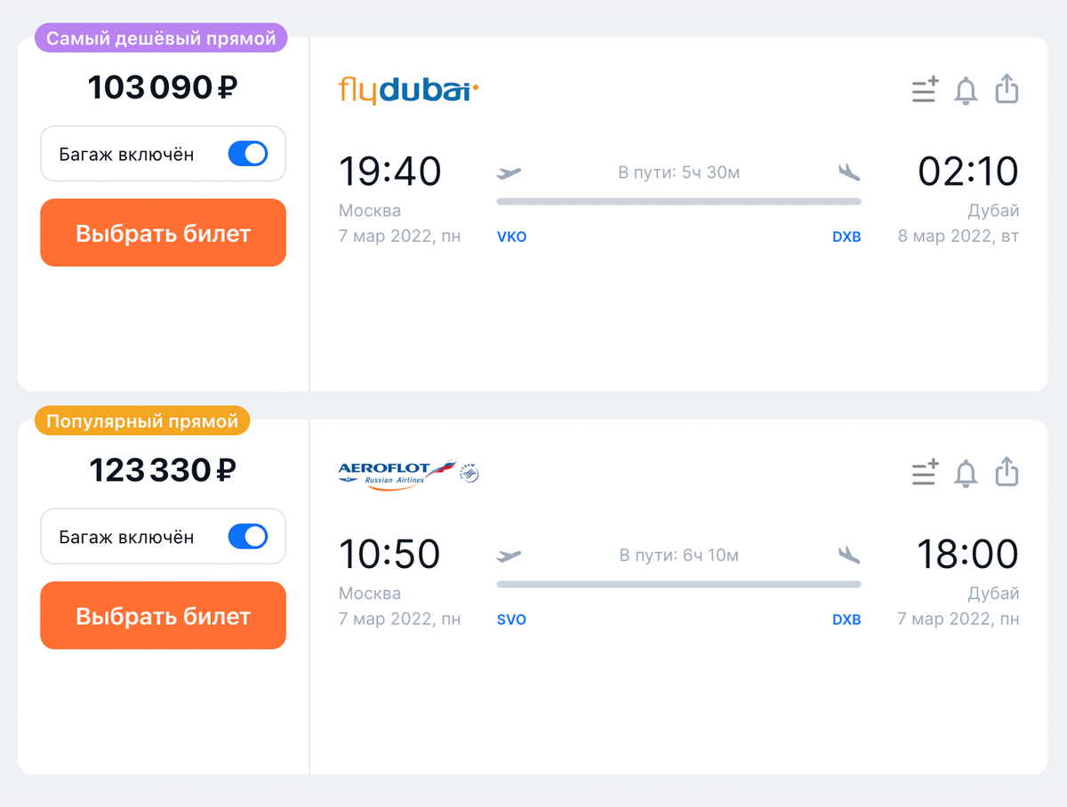 Самый дешевый прямой рейс в Дубай на одного человека с багажом на 7 марта — 103 090 <span class=ruble>Р</span>, летит Flydubai. Самый популярный прямой рейс на эту&nbsp;же дату — 116 811 <span class=ruble>Р</span>, летит «Аэрофлот». Источник: aviasales.ru