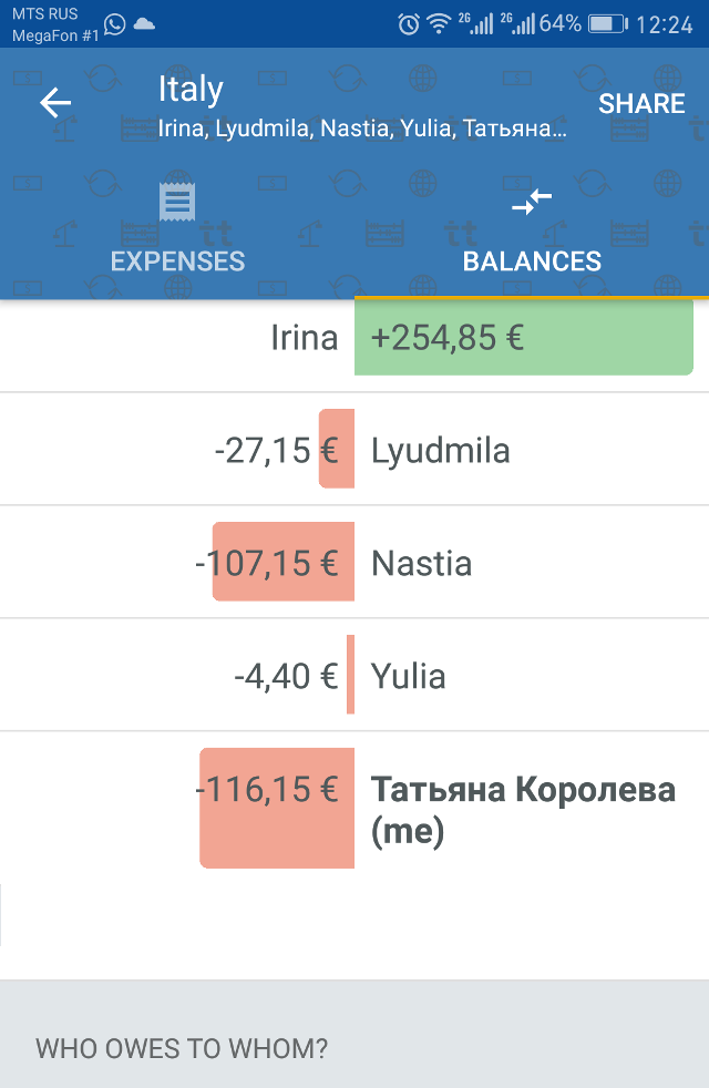Приложение показывает сумму долга и кто кому сколько должен отдать
