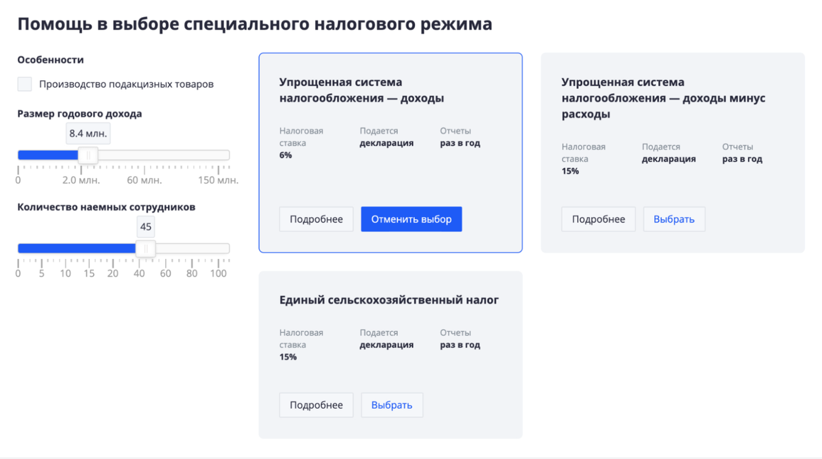 Из критериев — только размер дохода и количество сотрудников. Для более точного выбора не хватает еще примерных затрат, но все равно неплохо