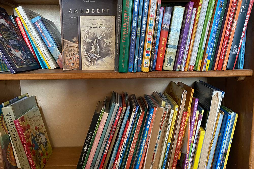 Полка с самыми популярными у детей книгами. У энциклопедий потрепанные корешки, и стоят они неаккуратно, потому&nbsp;что их часто вынимают и возвращают на место