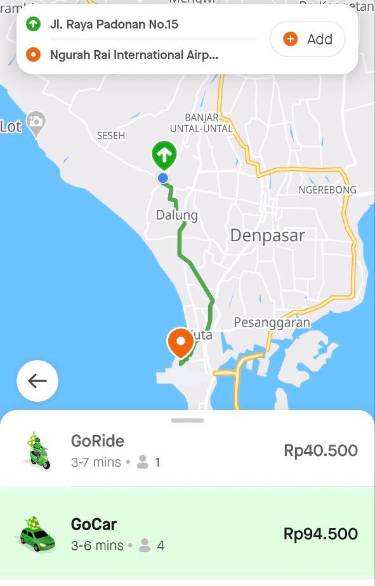В приложении Gojek поездка из Чангу до аэропорта Бали 26 марта 2023 года стоила 94 500 Rp